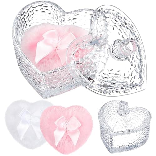 Tioncy 3 Pcs Large Body Powder Puff and Container Valentine's Day gift Powder Container with Puff Crystal Case Soft Washable Reusable Velour Face Body Glitter Wet Dry Makeup(Hammered Heart,Clear) - Image 1