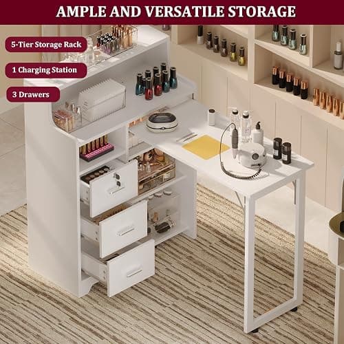 WLLPNG Foldable Nail Desk for Nail Tech, Portable Manicure Table, L Shape Nail Table with Power Outlets & Lockable Drawer & Shelves, Professional Nail Tech Workstation for Home Salon (White) thumbnail 6
