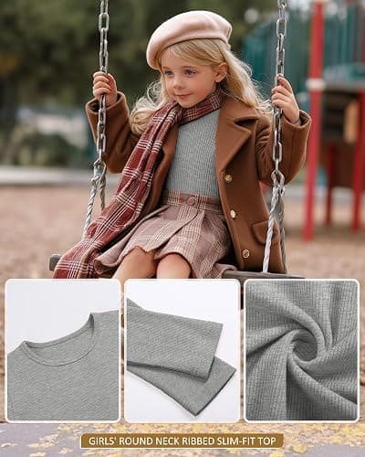 LessonZoo 3 Pack Girls Long Sleeve Shirts Ribbed Knit Cotton Layering Tops Slim Fit Crewneck Casual Undershirts thumbnail 5