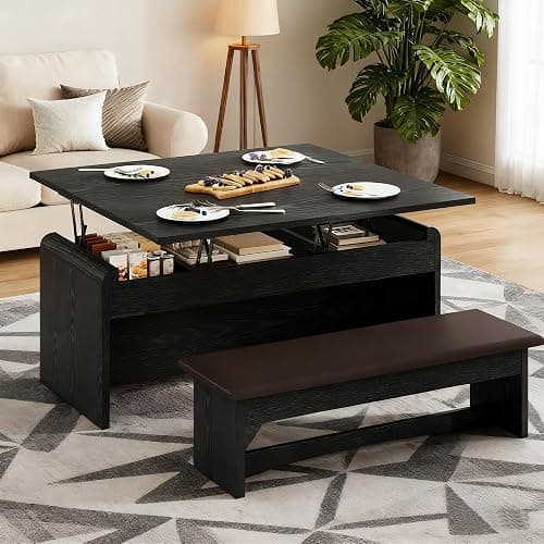 Homiflex Lift Top Coffee Table with Bench, 40 Inch Multi-Function Coffee Tables Set with Hidden Compartment, Curved Profile Design, Converts to Home Office Table, Dining & Center Table for Living Room - Image 1