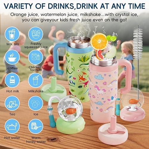 Como bebe Insulated Whale Fountain Sippy Cup, 24 oz 316 food-grade Stainless Leak-Proof Straw,Tumbler with Handle, Fits Car Cup Holders. 2 types lids for Kids, Teens & Adults V3.0 (Green dinosaur) thumbnail 11