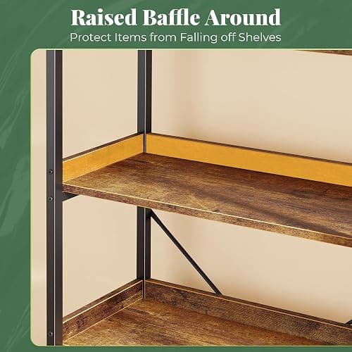 Huuger 5 Tier Bookshelf, Display Bookshelf with 10 Open Shelves and Raised Baffle, 47.2 Inch Straight Wide Bookcase with Metal Frame and Wooden Board, Adjustable Feet, Rustic Brown thumbnail 5