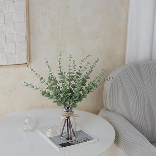 VIERENA 17.5" Artificial Eucalyptus Stems in Glass Vase with Faux Water,Fake Plant Eucalyptus Leaves White Seeds for Centerpiece Table Decorations Farmhouse Wedding Home Greenery Decor (Sage Green) thumbnail 8