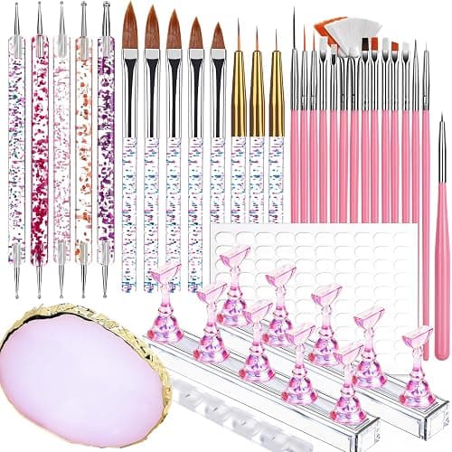 Teenitor Nail Art Tools Set, 23 Pcs Nail Art Brushes, 5 Pcs Nail Dotting Tool, 2 Set of Nail Stand, 100 Pcs Double-Sided Adhesive Tabs, Nail Art Palette, Brushes Holder, Pink - Image 1