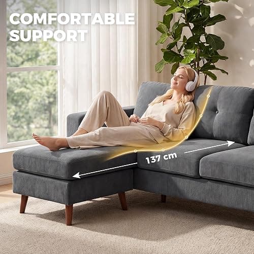 Switdo Ecksofa 3-Sitzer 192 cm Dunkelgrau umkehrbarer Chaiselongue Cord-Optik kompakt für kleine Räume thumbnail 9