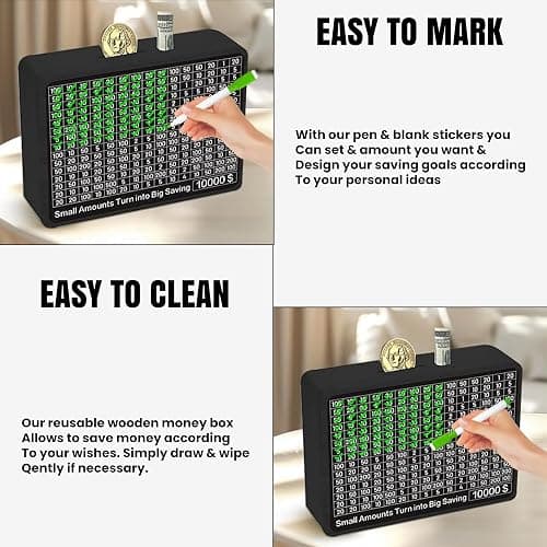 URHAN Wooden Money Saving Box – Cash Savings Box for $10000 $5000 $3000 $1000 $800 $500 Target Money Saving Challenge – Money Box with Counter – Ideal Gift for Kids & Adults – No Install Required thumbnail 8