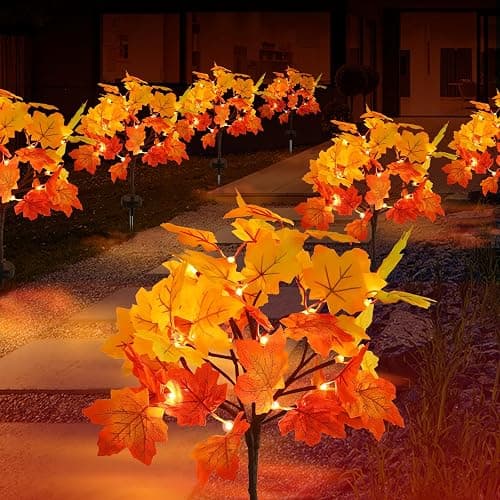 2 Pack Solar Fall Lights for Outside, Fall Décor 40LED with Maple Leaf Solar Stake Lights Outdoor, Waterproof Fall Lights for Yard Pathway, Halloween Thanksgiving Christmas Decorations - Maple Leaf, Orange - Image 1
