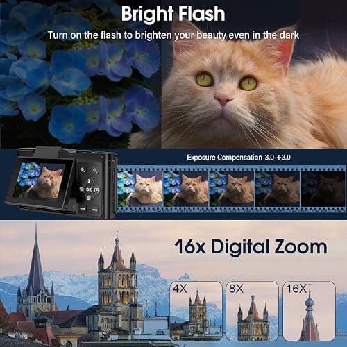 4K Digital Camera for Photography, 64MP Vlogging Camera for YouTube with 180° Flip Screen and Macro Function, 16X Zoom UHD Autofocus Video Camara with 32GB SD Card for Kids Teens Boys Girls thumbnail 7