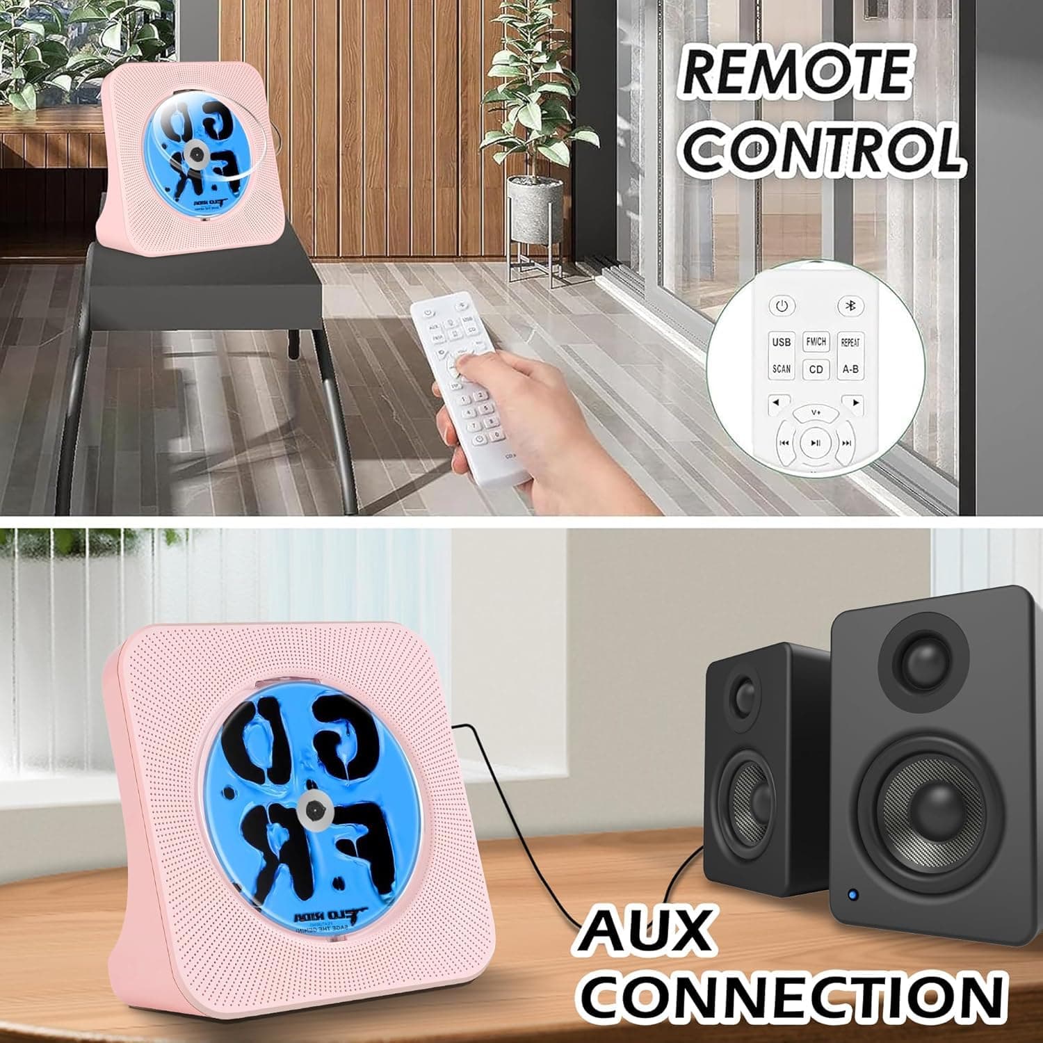 Pink CD Player Bluetooth, Portable Desktop CD Player with Speakers | Kpop Music Boombox with Bluetooth/FM Radio/AUX/USB Input, Timer Setting, LED Display, Small Cute CD Player Gift for Kids thumbnail 6