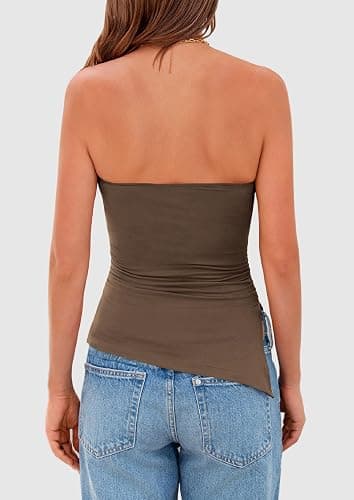 PRETTYGARDEN Womens Summer Tube Tops 2026 Trendy Strapless Ruched Going Out Tops Outfits Asymmetrical Bandeau Shirts thumbnail 2