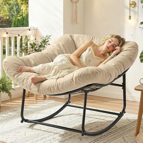 ONBRILL Papasan Rocking Chair with Cushion, Oversized Patio Lounge Rocker, Egg Chair Outdoor Indoor, for Living Room, Porch, Patio, Garden, Beige - Image 1