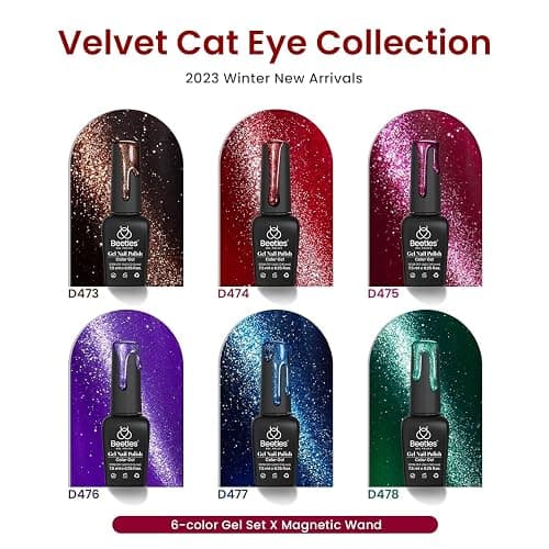 Beetles Cat Eye Gel Nail Polish Set, 6 Colors Glitter Red Pink Shiny Brown Burgundy Purple Blue Green Magnetic Effect Sparkle Stunning Nail Gel Polish Kit Soak Off UV Manicure Gifts for Women thumbnail 2