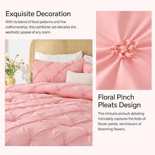 BEDELITE Pink Queen Comforter Set,Fluffy & Soft Comforter | Pintuck Boho Bedding, Warm & Cute Bed Set for All Season,With 2 Pillowcases thumbnail 4
