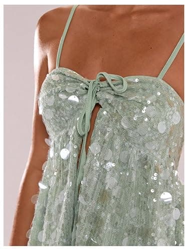 MakeMeChic Women's Sequin Cami Top Ruffle Sparkly Tie Front Split Party Club Tops thumbnail 4