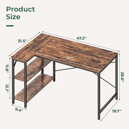 Huuger 47 Inches L Shaped Desk, Computer Desk with Reversible Storage Shelves, for Gaming Corner Home Office Writing Study, Metal Frame, Rustic Brown thumbnail 3