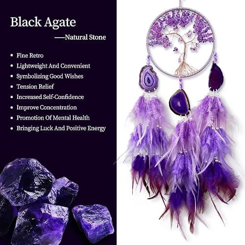 Large Dream Catcher,Sun Dream Catchers with Chakra Gemstone Agate Stone,Purple Crystal Tree Life,Dream Catcher for Girls,Dream Catchers for Adults,Home Ornaments Craft Gift (Purple) thumbnail 5