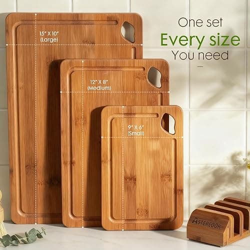 Astercook Deep-Carbonized Bamboo Cutting Boards for Kitchen with Wood Storage Stand, Reversible Charcuterie & Chopping Boards with Juice Grooves and Easy-Grip Handles, Fathers Day Gift for Men thumbnail 8