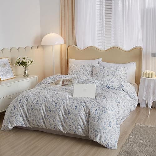 HighBuy White Blue Floral Cottagecore Boho Comforter Set, Full Size, 3 Piece, 1 Comforter & 2 Pillowcases, All Season thumbnail 6