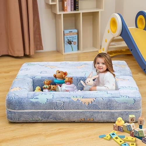 furlinkhm Toddler Couch, Glow in The Dark Kids Play Couch Toddler Fold Out Couch, Kids Fold Out Couch for playroom, Convertible Baby Fold Out Play Foam and Floor Cushion for Bedroom, Blue+Dinosaur - Blue+dinosaur - Toddler Couch thumbnail 2
