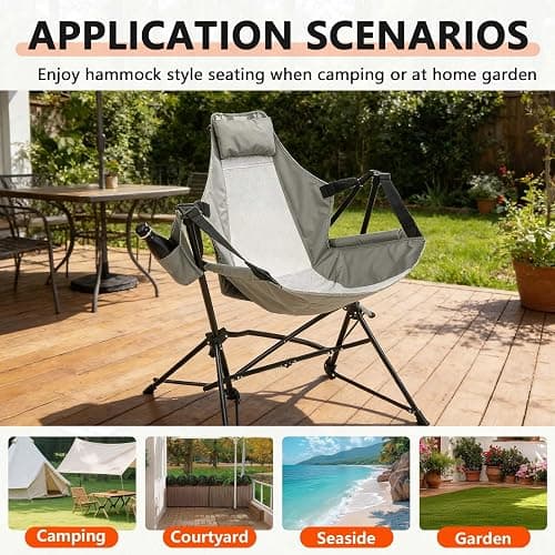 Hammock Camping Chair 2Pcs, Folding Portable Rocking Chair(2, Gray) | Adjustable Back Swinging Chair with Pillow Cup Holder, Recliner with Carry Bag for Outdoor Travel Lawn Backyard thumbnail 7