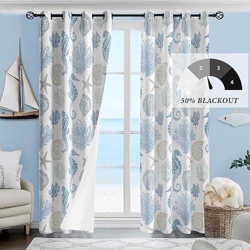 weesire Nautical Coastal Curtains Decorative Beach Ocean Seahorse Coral 50% Light Blocking Sea Darkening Grommet Curtain for Villa Living Room, Bedroom Navy Blue and White 2 Panels Set, 52x84 Inches thumbnail 3
