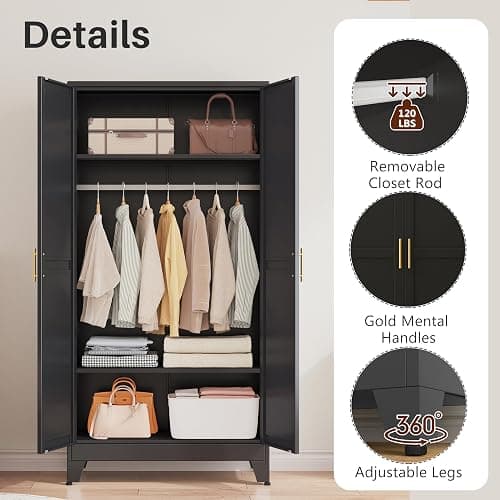 winiowa Metal Armoire Wardrobe Closet with 2 Mirror Doors, 71" Wardrobe Cabinet with Adjustable Shelves and Hanging Rod, Clothing Storage Cabinet Closet with Mirror for Bedroom-Black thumbnail 6