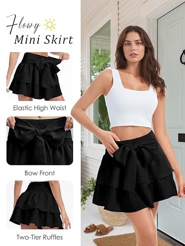 Timormode Women's Girls Bow Mini Skirt Flowy High Waisted Ruffle Hem Short Skirts Cute Boho A-Line Layered Skater Skirt thumbnail 5