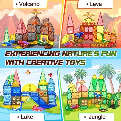 102PCS Dinosaur Toys Magnetic Tiles with 8 Dinosaurs - Jurassic Scenes Dinosaur World Adventure Set, Magnetic Blocks Kids Toys for Boys & Girls Ages 3+, Sensory Toddler Creative Kids Games Gifts thumbnail 5