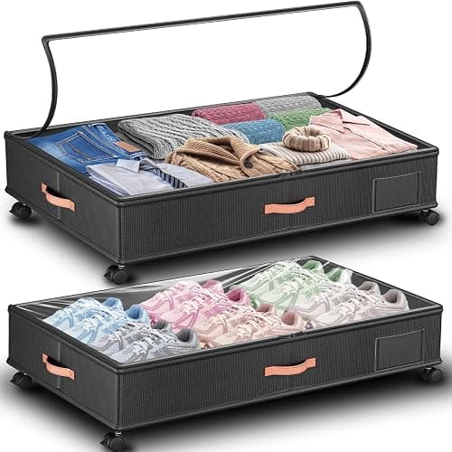 Tsinglax Under Bed Storage with Wheels 2-Pack – 66L XXL Larger Stackable Under Bed Storage Containers with Clear Window & Labels, Rolling Under Bed Drawers for Clothes, Shoes, Blankets (Dark Grey) - Image 1