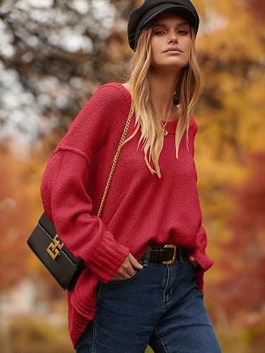 ANRABESS Women's Oversized Casual Loose Slouchy Scoop V Neck Batwing Long Sleeve Knit 2025 Fall Pullover Sweaters thumbnail 4