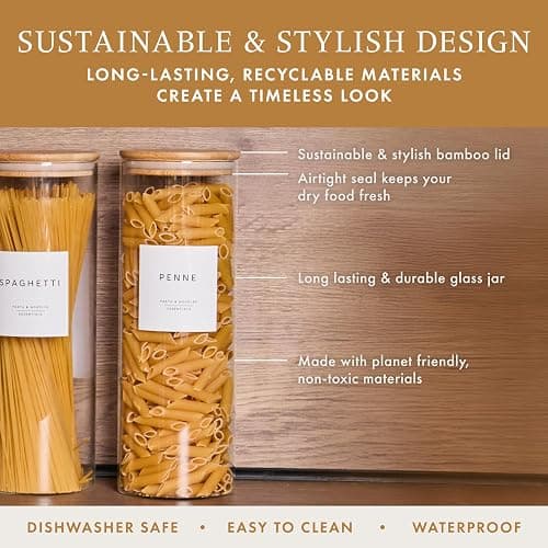 Livabl Set of 3 Glass Pantry Storage Containers with Lids- 12 Pantry Labels– (70oz) Glass Canisters with bamboo lids-Perfect Rice, Cereal, Flour, Pasta, Oats, food storage -Airtight-kitchen canisters thumbnail 5