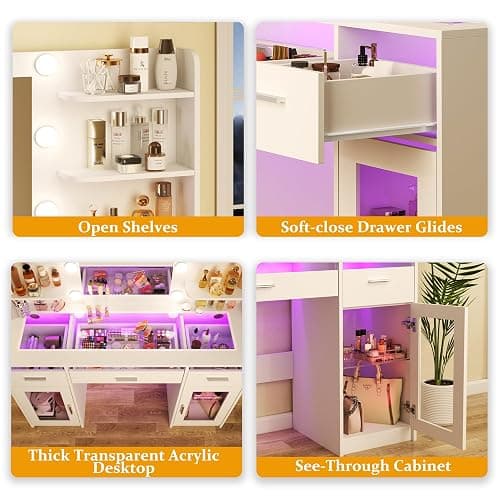 HUAHUU Vanity Desk, Makeup Vanity Desk with Mirror and Lights 3 Colors, Transparent Top with 3 RGB Drawers, 6 Shelves, 2 Large Tempered Cabinets, Power Outlet, for Bedroom, White thumbnail 6