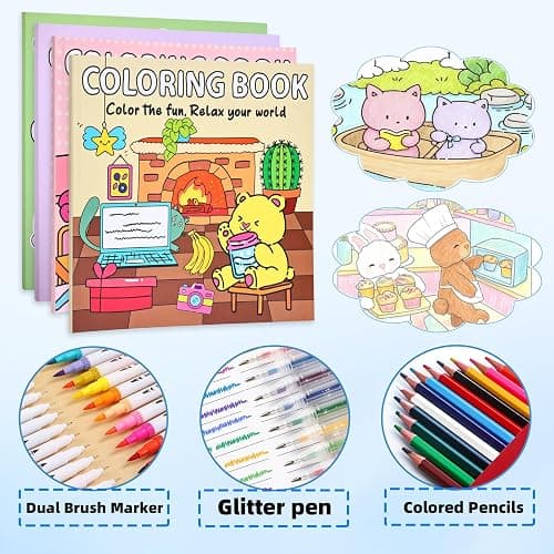 Coloring Book Set for Adults and Teens,3 PacK Easy and Simple Designs Coloring Set,Stress Relief Gifts with 36 Colors Markers &12 Pcs Glitter Markers &12 pcs Colored Pencils for adults Relaxation thumbnail 4