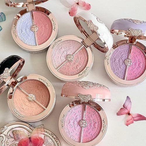 Flower Knows Butterfly Cloud Collar Rouge Box Highlighting & Blush Duo Powder,Nude+Peach Matte Finish Blush & Highlighter Palette,Buildable & Blendable Makeup for cheeks(01 Rouge Snow) thumbnail 8