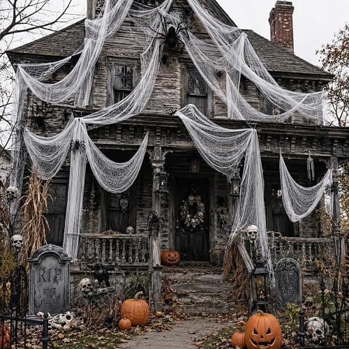 5 Pcs White Halloween Gauze Creepy Cloth Fabric Tapestry Decor Decorations | 72 x 30 inch White Halloween Decor, Indoor Outdoor Halloween Spooky Decorations for Home Wall Table Yard Haunted House Party thumbnail 7