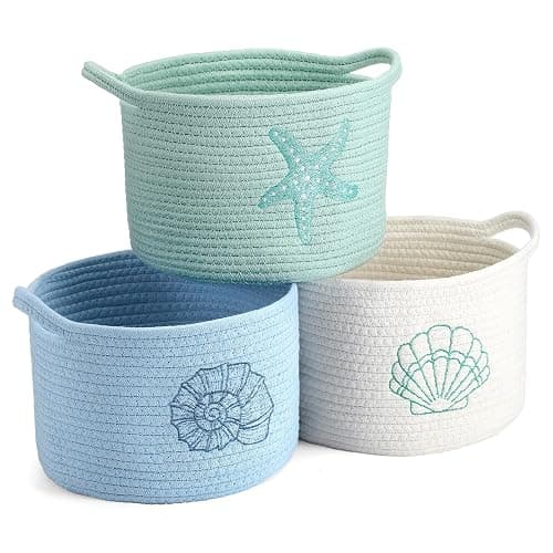Vesici 3 Pcs Coastal Seashell Starfish Woven Baskets Blue White Green Beach Small Cotton Rope Storage Basket 9.7'' x 7.1'' Laundry Organizer with Handles for Toys Clothes Organization Nursery Bedroom - Image 1