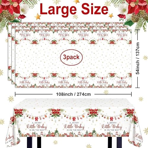 3 Pcs Christmas Baby Shower Tablecloth Christmas Baby Shower Decorations | 108x54 in, Disposable, Plastic, Waterproof, A Merry Little Baby Shower, Santa Baby Tablecloth thumbnail 3