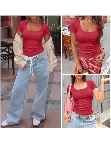 ANRABESS Women Short Sleeve Tops Scoop Neck Ribbed Knit Slim Fitted Basic Tee Shirt Casual Summer Clothes 2026 Spring Outfits thumbnail 7