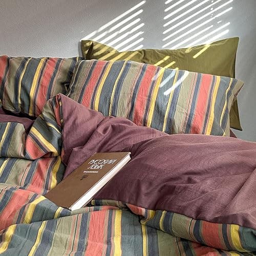 mixinni Vintage Striped Duvet Cover Set Queen Size - 3 Piece 100% Washed Cotton Bedding Set, Soft & Breathable, Colorful Striped Pattern Printed Comforter Cover for All Seasons thumbnail 7