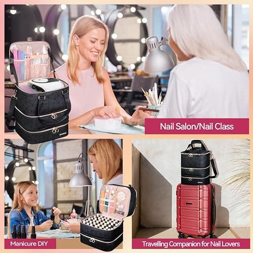 SIYNPAV Nail Polish Organizer Bag Holds 126 Bottles (15ml/0.5fl.oz)& Nail Lamp, 3 Layers Detachable Nail Kit Storage Case PU Leather, Large Travel Nail Supplies Shoulder Bag for Manicure Tools (Black) thumbnail 7