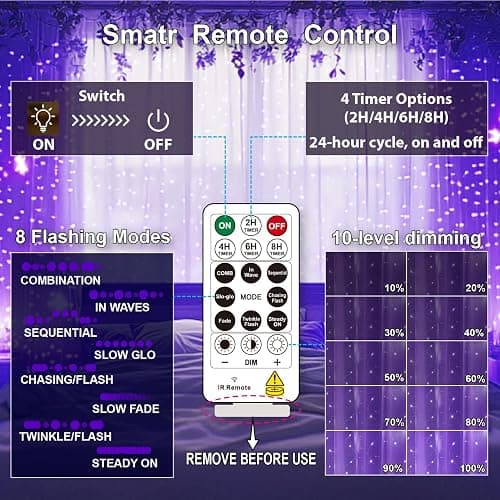 HXWEIYE 300LED Fairy Curtain Lights, 9.8x9.8Ft USB Plug-in 8 Modes Christmas String Hanging Lights with Remote for Bedroom Backdrop Wedding Indoor Wall Decor, Purple, Standard – 1 Pack thumbnail 4
