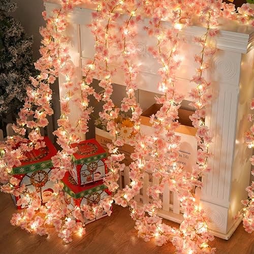 Cherry Blossom String Lights Artificial Flowers Outdoor Hanging Silk Flowers Garland for Wedding Party Home Bedroom Decor Pink Room Decor Aesthetic thumbnail 2