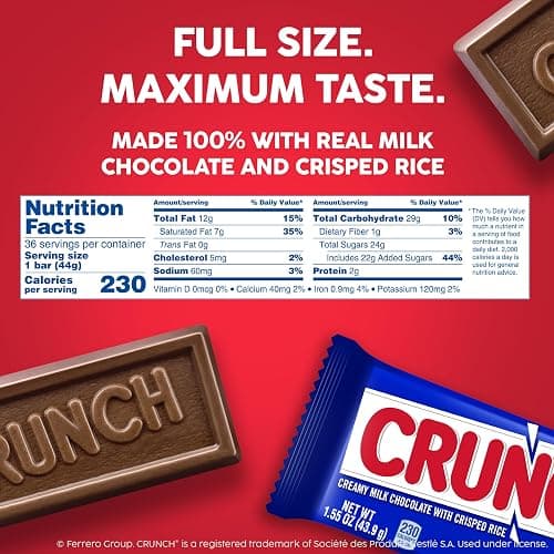 CRUNCH Full-Size Candy Bar, Creamy Milk Chocolate with Crunchy Crisped Rice, 36 Individually Wrapped Bars, 1.55 oz Each thumbnail 2