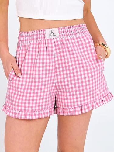 ANRABESS Boxer Shorts for Women,Gingham Plaid Elastic Waist Ruffle,Perfect for Lounge,Pajama&Sleep,Cute Casual Summer Bottoms thumbnail 2