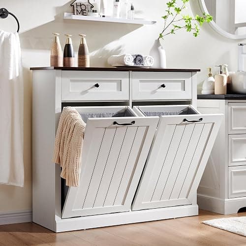 IFGET Double Tilt Out Trash Cabinet, 20 Gallon Farmhouse Laundry Hamper Cabinet with 2 Drawers, Hidden Wooden Trash Can Cabinets with Storage Basket for Kitchen, Living Room (Antique White) - Double Door - Antique White thumbnail 6