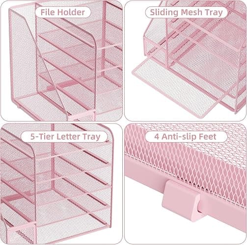 Marbrasse Schreibtisch Organizer und Büro Zubehör,5-Tier Briefablage,Mesh Büro Organizer für Schreibtischzubehör & Ablage(Rosa) thumbnail 6
