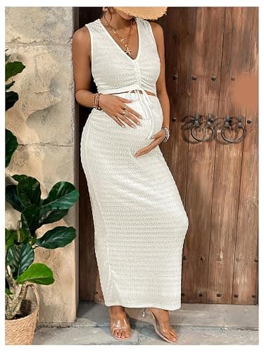 Milumia Women's Maternity 2 Piece Outfits Tank Top Bodycon Maxi Skirt Sets | Pregnant Dress Summer Outfit, Textured, Drawstring Tie Knot, Going Out, Maternity Photoshoot Outfits thumbnail 5