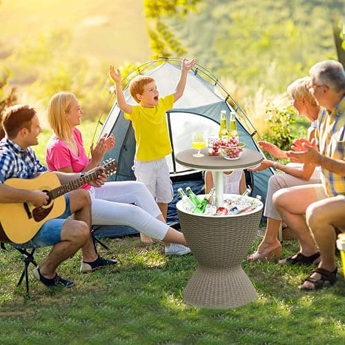 Byroce Outdoor Cooler Side Table, Patio Bar Table w/ 8 Gallon Beer & Wine Cooler, Rattan Style Pool Side & Hot Tub Table, All-Weather Cocktail Table for Parties, Backyard, Deck - Light Coffee thumbnail 2