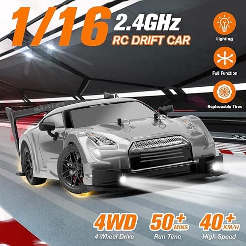PANKQQ RC Drift Car, 1:16 Scale Drifting RC Cars, 2.4GHz 4WD RC Race Car, 40km/h High-Speed Remote Control Drift Car Vehicle, Racing Sport Toy Easter Basket Stuffers Gift for Boys Girls Kids(Silver) thumbnail 5