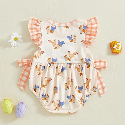 SAYOO Newborn Baby Girl Farm Clothes Chicken Embroidey Bubble Smocked Romper Plaid Bowknot Western Country Bodysuit Shirt thumbnail 3